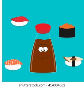 Cute set of 4 kinds of sushi and soy sauce on a blue background. Vector illustration in cartoon style. Icon, menu item character.