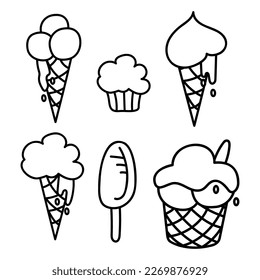 Cute set of 5 types of ice cream and cupcake. Doodle vector black and white illustration.