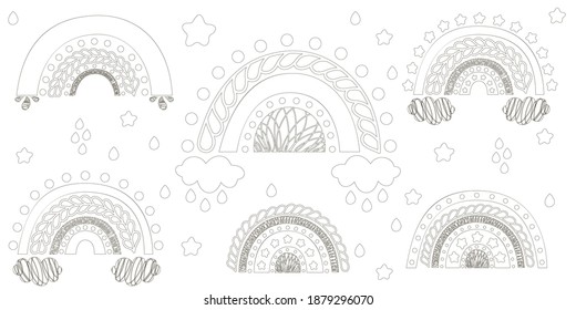 Cute set of 6 black and white abstract rainbows with clouds, stars and drops in the Scandinavian style. Outline clip art for coloring book and page, logotypes, tattoos, baby products. Vector.