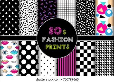 Cute set of 80's style geometric trendy seamless patterns