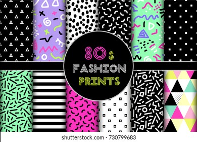 Cute set of 80's style geometric trendy seamless patterns