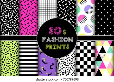 Cute set of 80's style geometric trendy seamless patterns