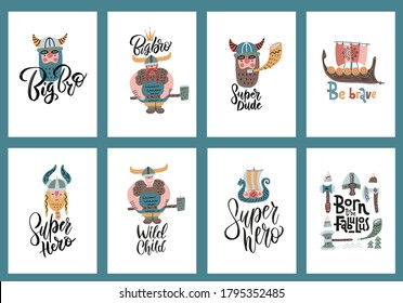 Cute set of a4 size vikings cartoon characters posters, scandinavian style with lettering. Vector flat illustrations for and banner, children's book , postcard, gift card, print for t-shirt, sticker.
