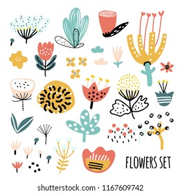 Cute set of abstract flowers. Children's style - insects and plants. Scandinavian style. Vector illustration.