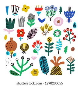 Cute set of abstract flowers. Scandinavian style. Vector set.