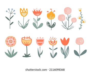 Cute set of abstract isolated flowers. Cartoon children style, nursery drawing. Doodle plants in Scandinavian style. Vector illustration.