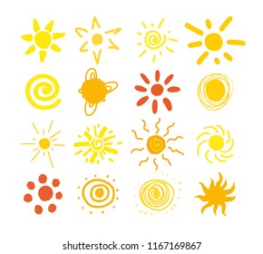 Cute set of abstract sun icon in different variation. Hand draw illustration with use of circle line and curl. Yellow-orange color scheme. Vector isolated symbol logo template sign tag badge