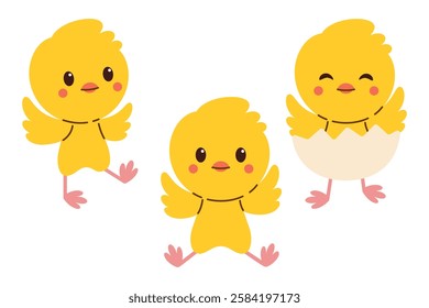 Cute Set of Adorable Yellow Baby Chicks in Different Playful Poses. One Hatching from an Eggshell. Symbolizing Easter, Spring, and New Beginnings, Renewal.