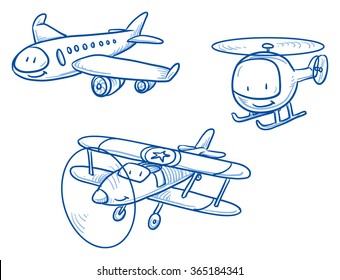 Cute set of aircraft, airplane, helicopter, biplane.  Hand drawn vector cartoon doodle illustration