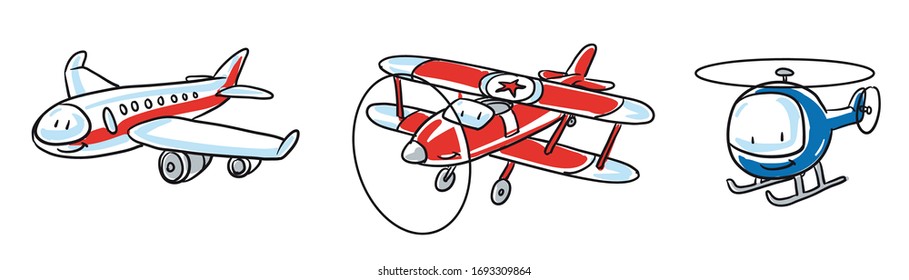 Cute set of aircrafts, airplane, helicopter, biplane. Hand drawn cartoon sketch vector illustration, whiteboard marker style coloring. 