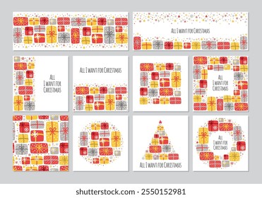 Cute set of All I Want for Christmas backgrounds with hand drawn Christmas present boxes and snowflakes
