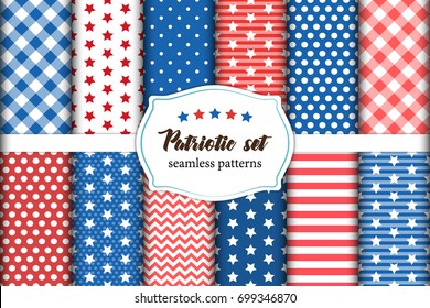 Cute set of American patriotic red, white and blue geometric seamless patterns with stars.
