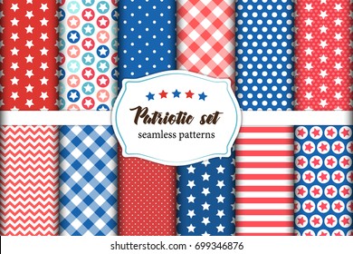 Cute set of American patriotic red, white and blue geometric seamless patterns with stars.