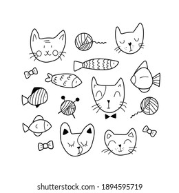 The cute set of animal faces includes 15 elements, like decorative knitting, fish, and cats' happy and sad faces for stickers. It's a modern and clean look. Line up style, doodle, vector illustration.