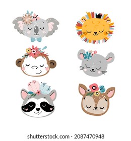 Cute set of animal heads in boho style. T-shirt design, nursery decoration, greeting card, poster. Vector illustration. Koala, lion, monkey, panda, mouse
