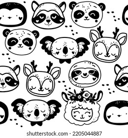 Cute set of animal heads in boho style seamless pattern. T-shirt design, nursery decoration, greeting card, poster. Vector illustration. Koala, panda, raccoon, sloth, penguin, llama. Black and white