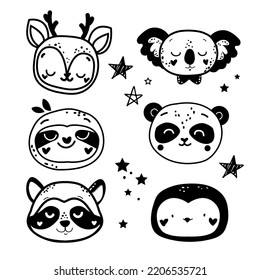 Cute set of animal heads in boho style. T-shirt design, nursery decoration, greeting card, poster. Vector illustration. Koala, panda, raccoon, sloth, penguin. Black and white