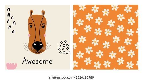 Cute set with animal poster and floral seamless pattern. Hand drawn card with capybara face and chamomiles print. Decor for baby shower, kids room, textile. Colorful vector illustrations.
