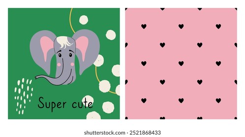 Bonito conjunto com cartaz animal e padrão sem emenda com corações. Cartão desenhado à mão com rosto de elefante e ornamento de coração simples. Decoração para chá de bebê, quarto infantil, têxtil. Ilustrações vetoriais coloridas.
