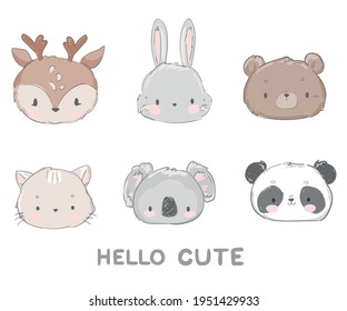 Cute Set Animal Vector Illustration, Bear, Cat, Bunny, Koala, Panda, Deer kids trend design print