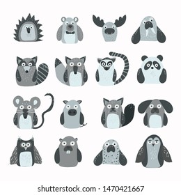 Cute set of animals, bears, raccoons, walruses, hedgehogs, cats, dogs, deer, pandas, owls. In a cozy Scandinavian style. Vector.