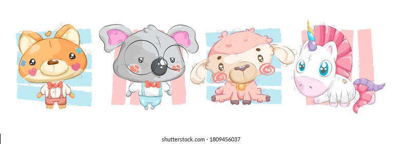 Cute set of animals with boy clothes