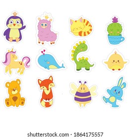 cute set animals characters paste colors graphic art illustration