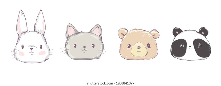 Cute Set Animals, Hand Drawn Cute Rabbit, Bear, Panda and Cat, Vector Illustration. Print Design.  