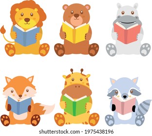 Cute set of animals reading clipart
