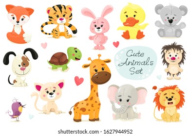 Cute set of animals. Vector animal isolates in cartoon flat style. White background.