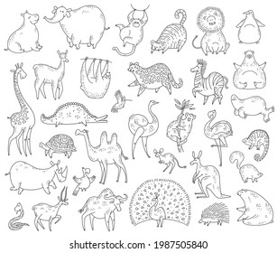 Cute set animals. Vector black white cartoon doodle characters illustration.