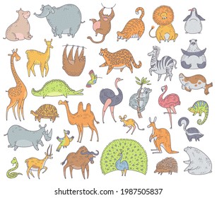 Cute set animals. Vector cartoon doodle characters illustration on white background.