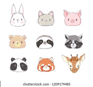 Cute Set Animals Vector Illustration, Rabbit, Bear, Panda, Cat, Sloth, Red Panda, Pig, Raccoon, Giraffe