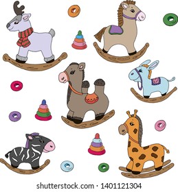 Cute set of animals vector illustration, horse, donkey, reindeer, camel, zebra, giraffe on a white background . Ideal for children, design, fabric, wrapping, wallpaper, textiles, clothing