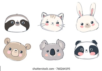 Cute Set Animals Vector Illustration, Bear, Cat, Bunny, Koala, Sloth, Panda