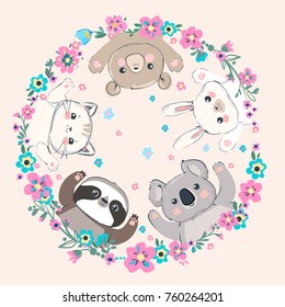 Cute Set Animals Vector Illustration, Bear, Cat, Bunny, Koala, Sloth, Panda