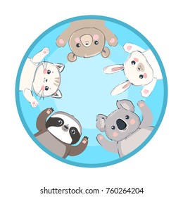 Cute Set Animals Vector Illustration, Bear, Cat, Bunny, Koala, Sloth, Panda