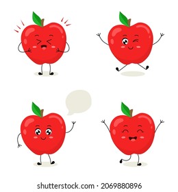 Conjunto de caracteres de manzana en diferentes poses y emociones. Personaje gracioso de fruta al estilo de las caricaturas. Ilustración vectorial aislada en un fondo blanco.