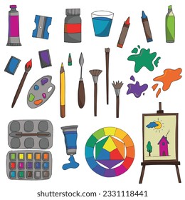 Cute set of art supplies for painters, artists and creators. Color tubes, watercolors, penciles, brushes and a lot of cool doodle style art elements