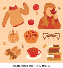 Cute of set Autumn doodle things with girl hold maple leaf, book, sweater,coffee, apple pie,shoes fall season