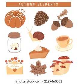 Cute Cute set of Autumn elements with acorn, pine corn,maple leaf, snail, coffee, pumpkin, pie,and hello autumn text