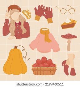  Cute set of Autumn elements with beautiful girl, gloves, pumpkin ,sweater, apple pie,mushroom