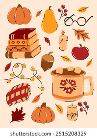 Cute set of autumn elements. Books, cocoa, blanket, pumpkins, acorn, leaves. Flat vector illustration.