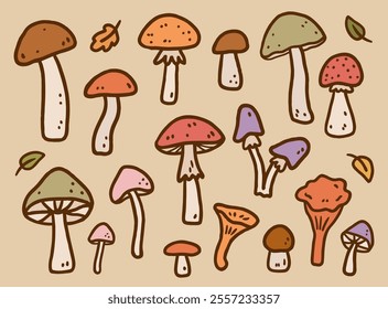 Cute set of autumn mushrooms isolated on a beige background. Vector hand-drawn doodle illustration. Perfect for decorations, logo, various designs.