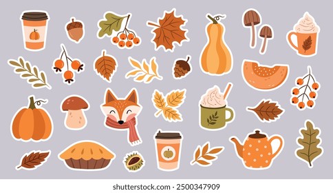 Cute set of autumn stickers with botany, coffee, tea, pie, mushrooms, berries