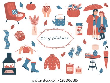 Cute set with autumn and winter cozy elements. Isolated on white background. Holidays hygge prints. Scandinavian danish style. Vector flat illustrations, isolated on a white background