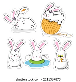 Cute set of baby animals rabbits stickers in cartoon kawaii style. Vector characters bunny bundle for kids. Isolated on white