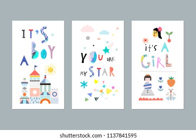 Cute set for baby boy or baby girl. Happy birthday, baby shower for newborn celebration greeting and invitation card. Decorative elements for posters, albums, scrapbook and more. Vector