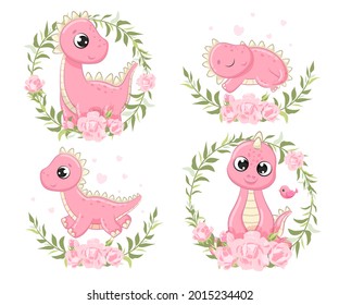 Cute set baby dinosaurs illustration. Vector illustration for baby shower, greeting card, party invitation, fashion clothes t-shirt print.
