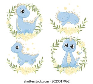 Cute set baby dinosaurs illustration. Vector illustration for baby shower, greeting card, party invitation, fashion clothes t-shirt print.